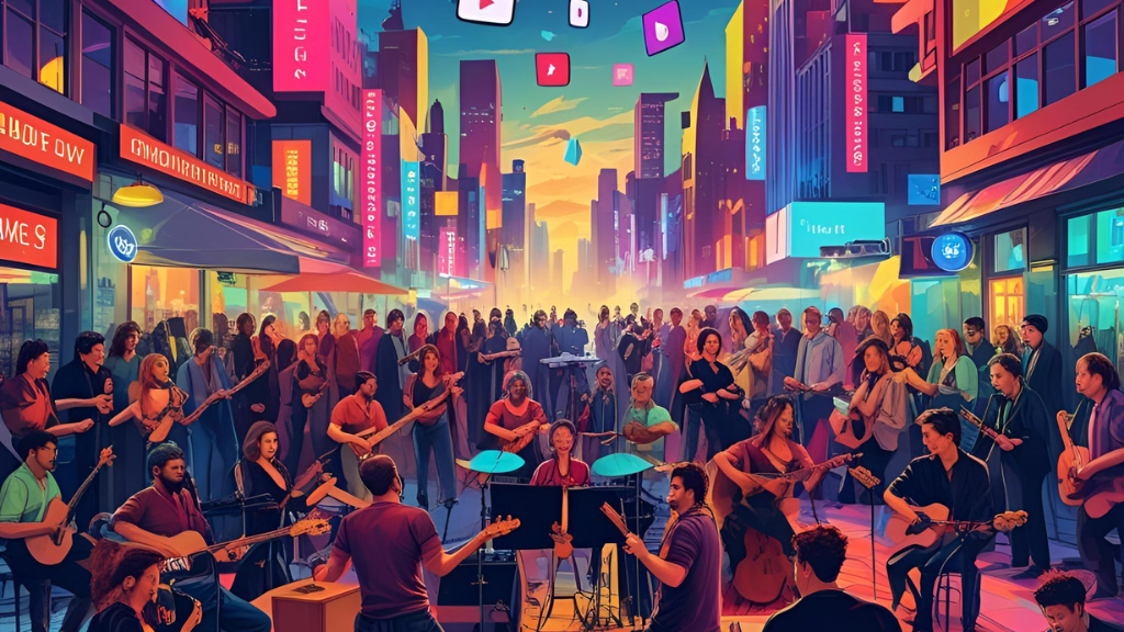 Navigating the modern music landscape. A vibrant street scene with a large crowd of musicians playing together, with colorful city lights